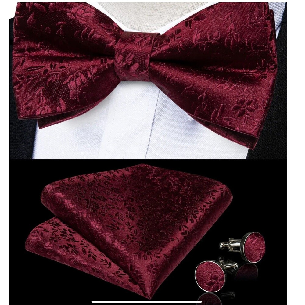 DiBanGu Mens Silk Pre Bow Tie Adjustable Bowtie Pocket Square Cufflinks Set New